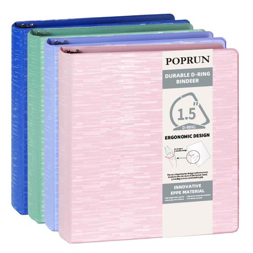POPRUN 3 D Ring Binder 1.5 Inch, PVC-Free, Holds 375 Sheets of 8.5 x 11 Paper, Extra Durable Organizer with 2 Pockets for School & Office, Heavy-Duty, 4 Pack, Multicolor