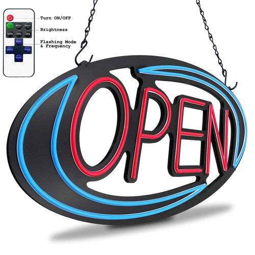 Open Signs for Business,32x16 inch Large Bright Open Sign Neon Led Lighted,Remote Control & Flashing Mode for Window Door Bar Coffee Salon Store,ON/OFF Switch Blue/Red