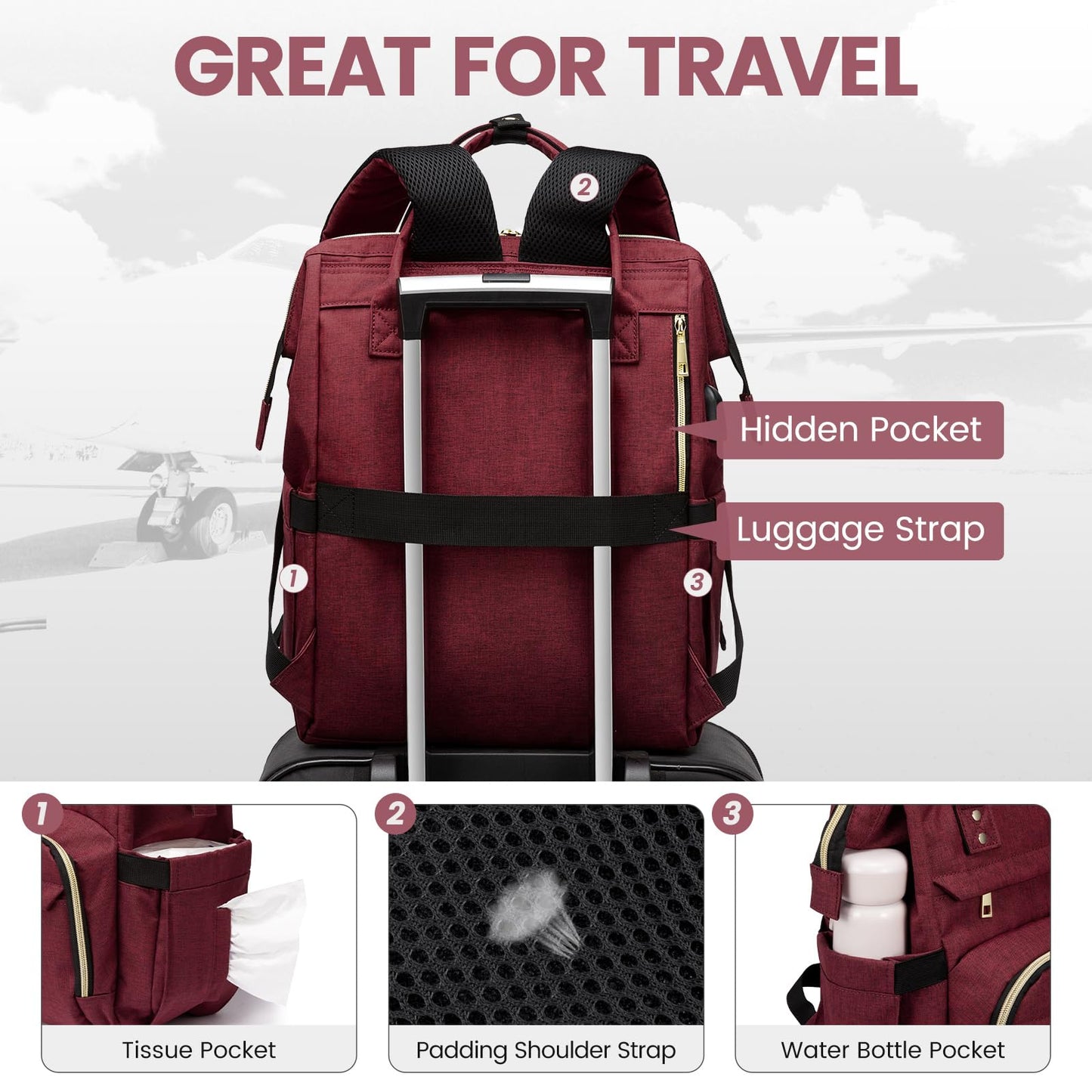 LOVEVOOK Laptop Backpack for Women,15.6 Inch Professional Womens Travel Backpack Purse Computer Laptop Bag Nurse Teacher Backpack,Waterproof College Work Bags Carry on Back Pack with USB Port,Wine Red
