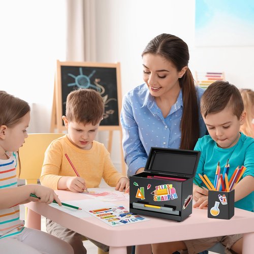 Pencil Dispenser for Classroom Stainless Steel Pencil Holder for Desk, Pencil Dispenser Set with Silicone Organizer & 5 Stickers, Back to School Classroom Must Haves Teacher Supplies (Black)