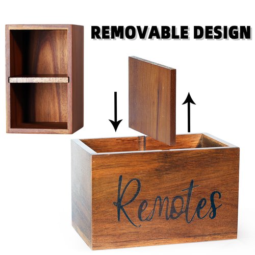 Remote Control Holder, Wooden TV Remote Holder for Table, Remote Organizer Caddy for Home Decor, Remote Box for Nightstand, Brown Labeled "Remote", 2 Slot - 7.3 Inch