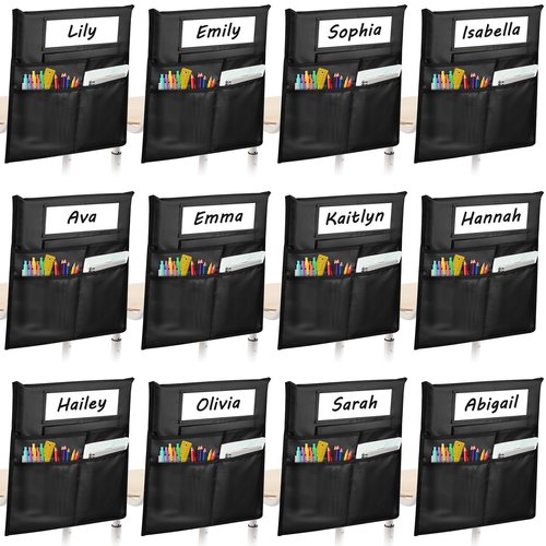 12 Pack Chair Pockets for Classrooms, Black Chair Pocket with 3 Heavy Duty Storage Pocket, Chair Back Buddy Pockets with Name Tag Slot, Chair Back Storage Organizer for Classroom, Home, 16 x 19 Inch