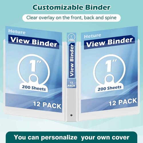 Heture 3 Ring Binder 1 Inch 12 Pack, 1" Clear View with Round Rings, PVC-Free,Holds for 200 Sheets 8.5“ x 11" US Letter Size Paper, Durable White Binders Perfect for Office,School and Home
