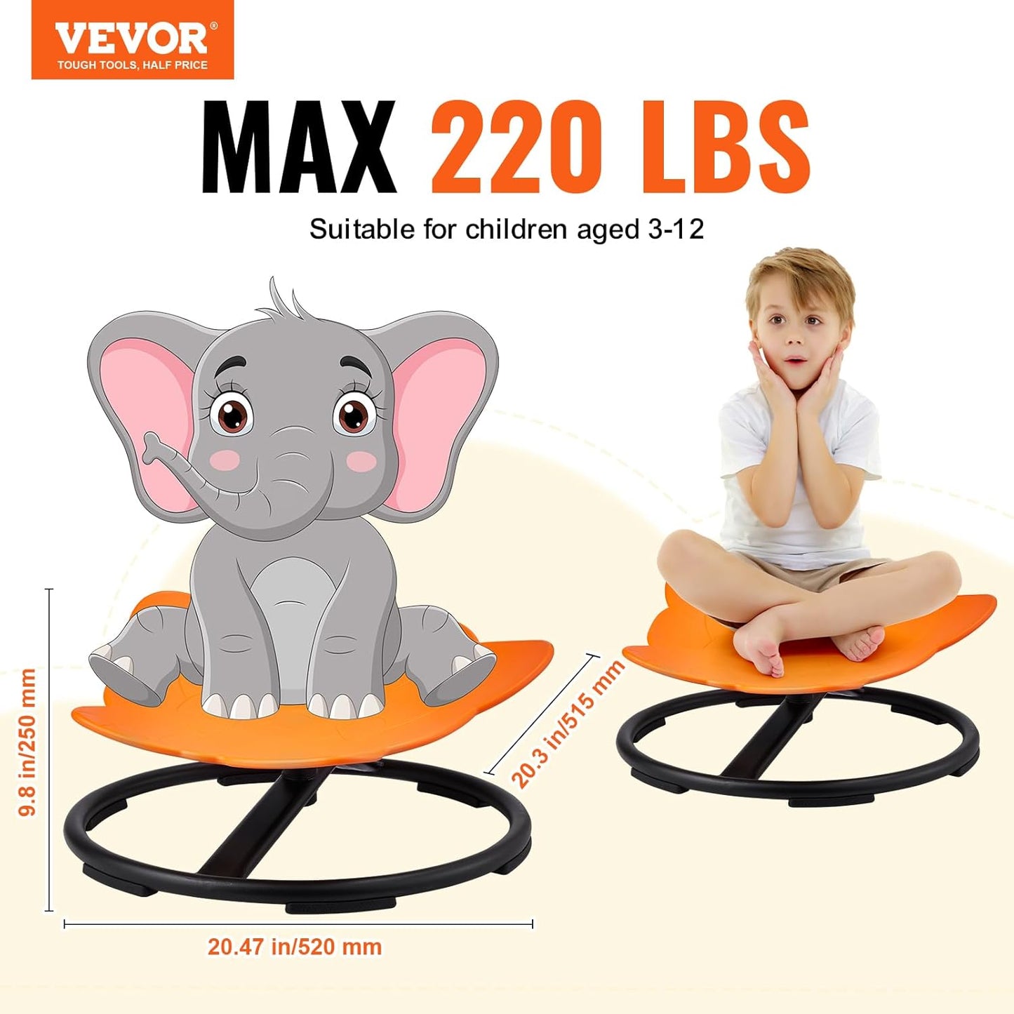 VEVOR Elephant Kids Swivel Chair - 360° Spinning Sensory Toy for Autistic Kids | 220 LBS Capacity, Orange