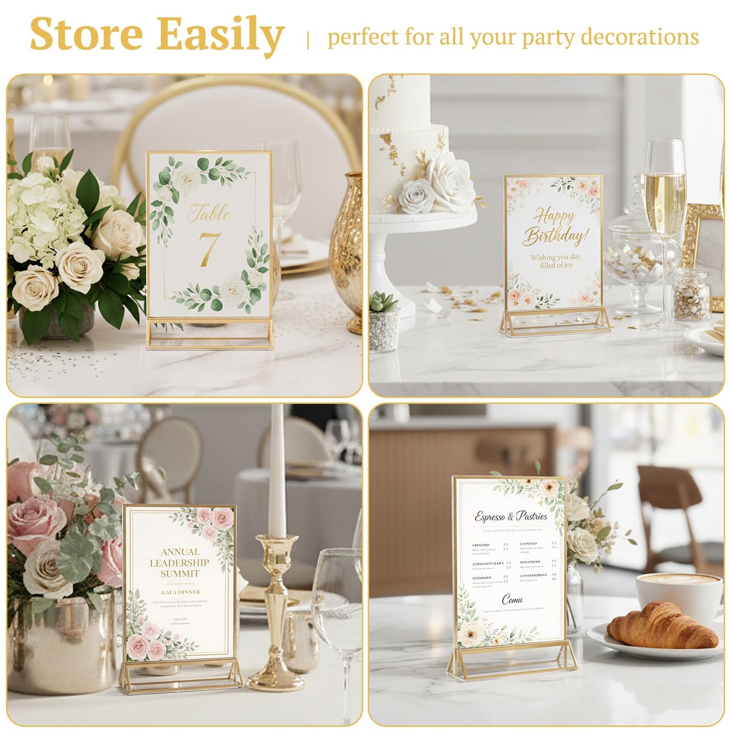 EHWINE 8 Pack 4×6 Clear Acrylic Sign Holder with Gold Borders and Vertical Stand, Double Sided Table Menu Holders Picture Frames for Wedding Table Numbers, Restaurant Signs, Photos and Art Display