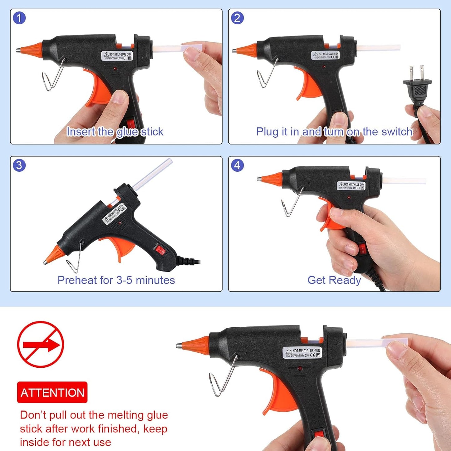 Zhengmy Mini Glue Gun Set - 12 Pcs Low Temp Hot Melt Guns with Burn Protection | Fast Preheating, Easy Squeeze Trigger, 20W (Black)