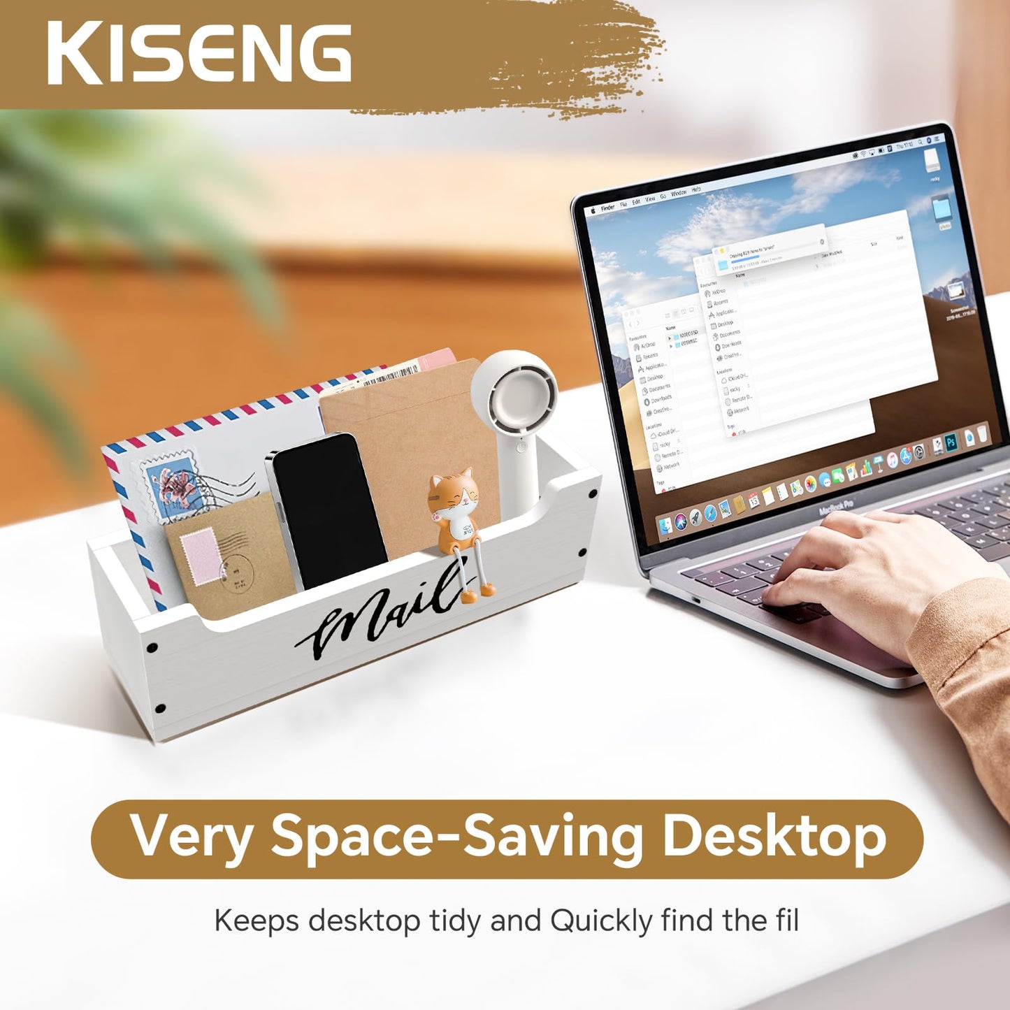KISENG White Wooden Mail Organizer Countertop - Mail Organizer Wall Mounted, Office Mail Holder, Desktop Mail Basket for Counter, Letter Holder Box for Home Office Decor (White +Black Mail, 3.15")