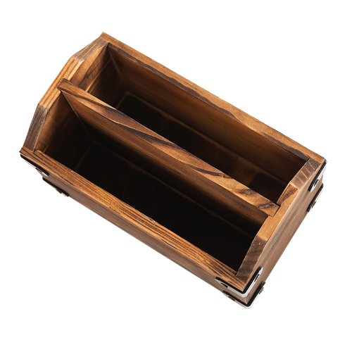 ExoLiry Brown Torched Wood Remote Control Organizer Burnt Wooden Tabletop Storage Caddy Two Compartment Holder TV Game Consoles Cell Phone Kitchen Utensils Office Supplies Living Room Home Bedroom