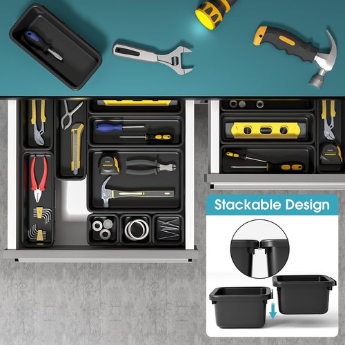 16 PCS Drawer Organizer Set, 4 Size Makeup Drawer Divider Organizer With Non-Slip Pads, Interlocking Plastic Storage Bins for Office,Jewelry Vanity,Gadgets, Bathroom,Kitchen, Black