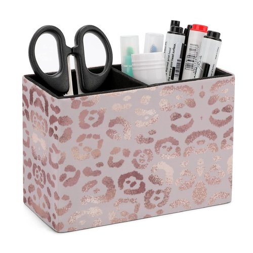 DEHOZO Pen Holder, Pencil Holder for Desk, Rose Gold Leopard Print PU Leather Desktop Pen Cup Storage, Desk Pencil Pen Organizer Makeup Brush Holder for Office Bedroom Home