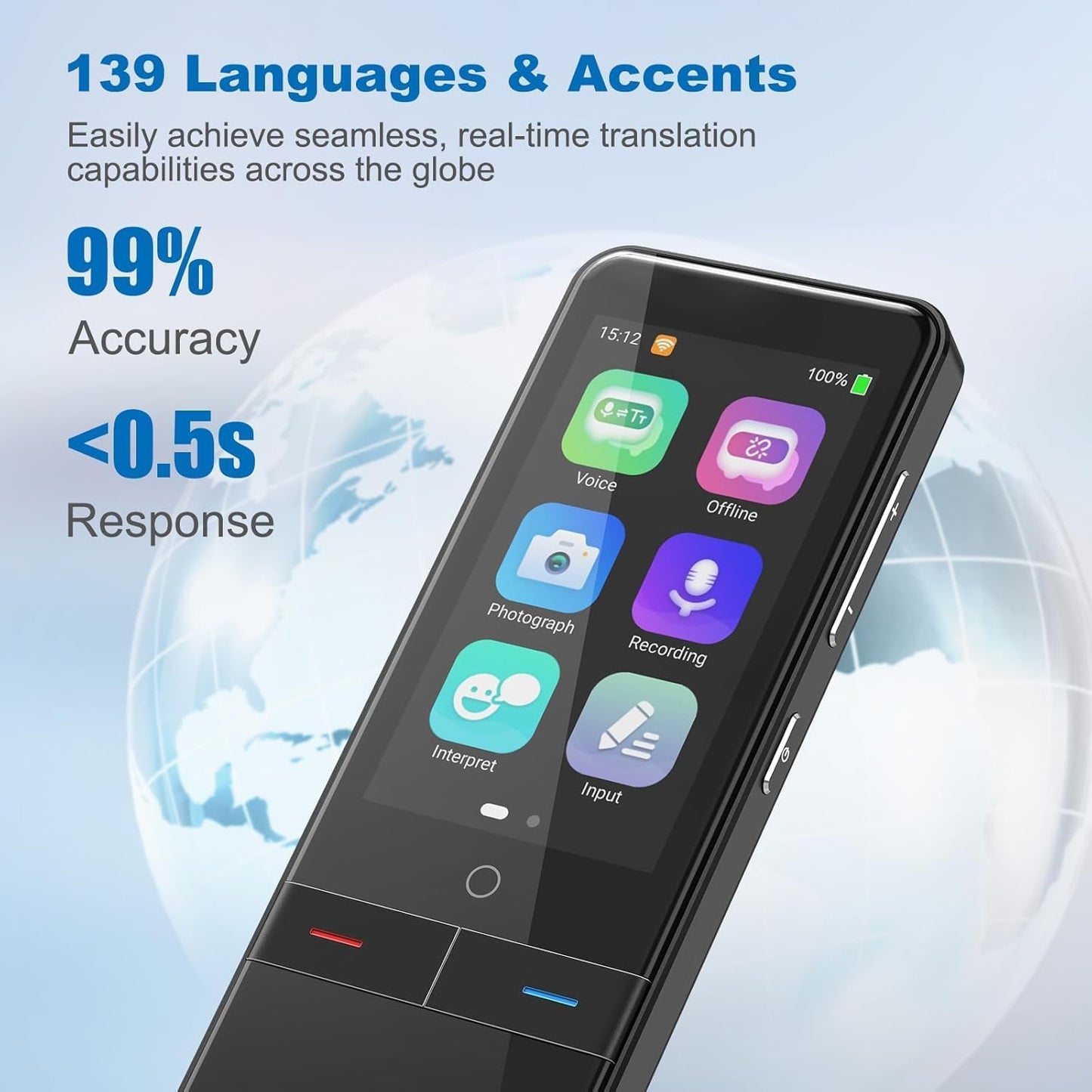 Skiennix Language Translator Device - 139 Languages Offline & Online | Portable Two-Way Instant Translation (Black)