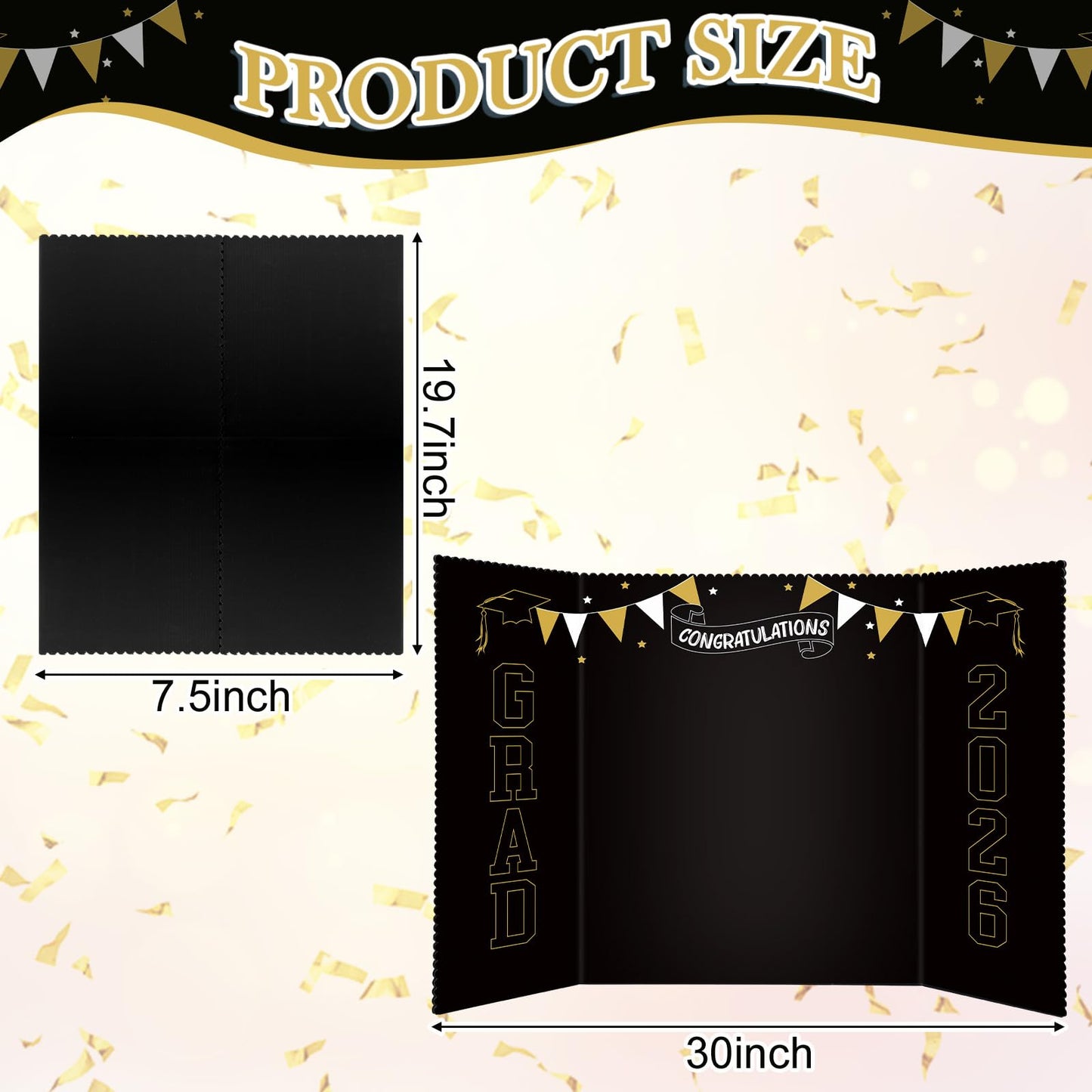Epakh 2026 Graduation Trifold Poster Board 33 x 20 in Black Gold Senior Night Photo Display Board for Class of 2026 Graduation Photo Frames Picture Display for Grad Party Gift Table Decor