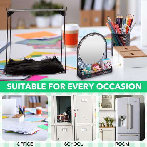 AmazingSpark 5 Pcs Locker Shelf Organizer and Accessories Back to School Essentials Includes 1 Magnetic Mirror with Bottom Tray, 2 Pen Holders, 1 Locker Metal Grid Rack, 1 Faux Fur Mat(Black)