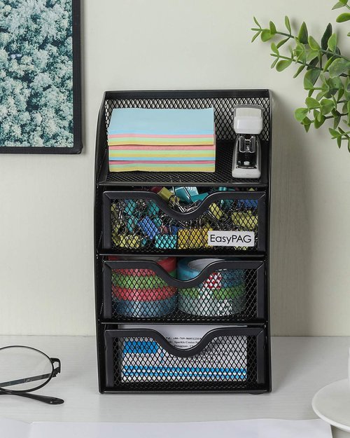 EasyPAG Mesh Desk Organizer with 3 Drawer Office Desktop Organizers and Accessories Stationery Caddy for Office, Home, Students, Black