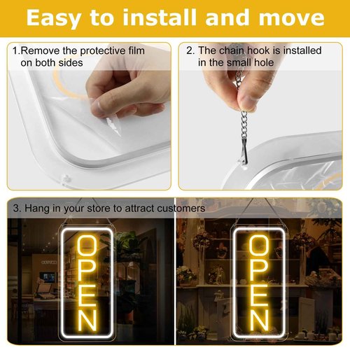 22.8"x 11.8" Ultra Bright 12V Neon Open Sign for Business, LED Open Neon Sign, Electric Light up Signs for Stores, Restaurants Offices Retail Shops Window (Yellow-White-Vertical)