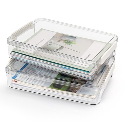 Flat Plastic Storage Bins with Latching Lids Document Organizer Portable Project Case Stackable Storage Boxes for A4 Letter Size Paper Office Supplies 2 Pack