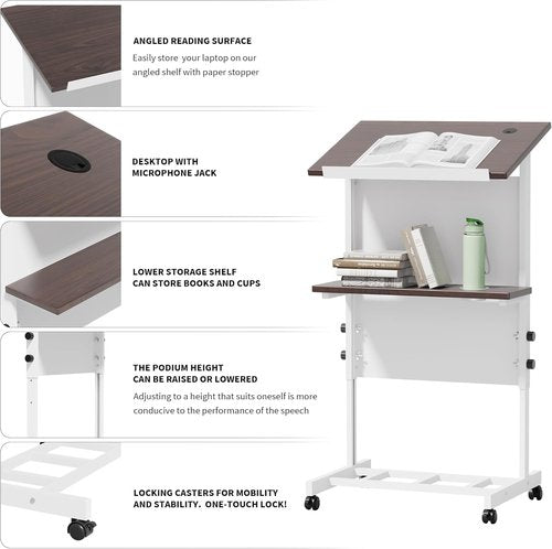Podium Stand - Portable Lectern with 7 Adjustable Heights | Mobile Stand with Shelf & Cup Holder (White)