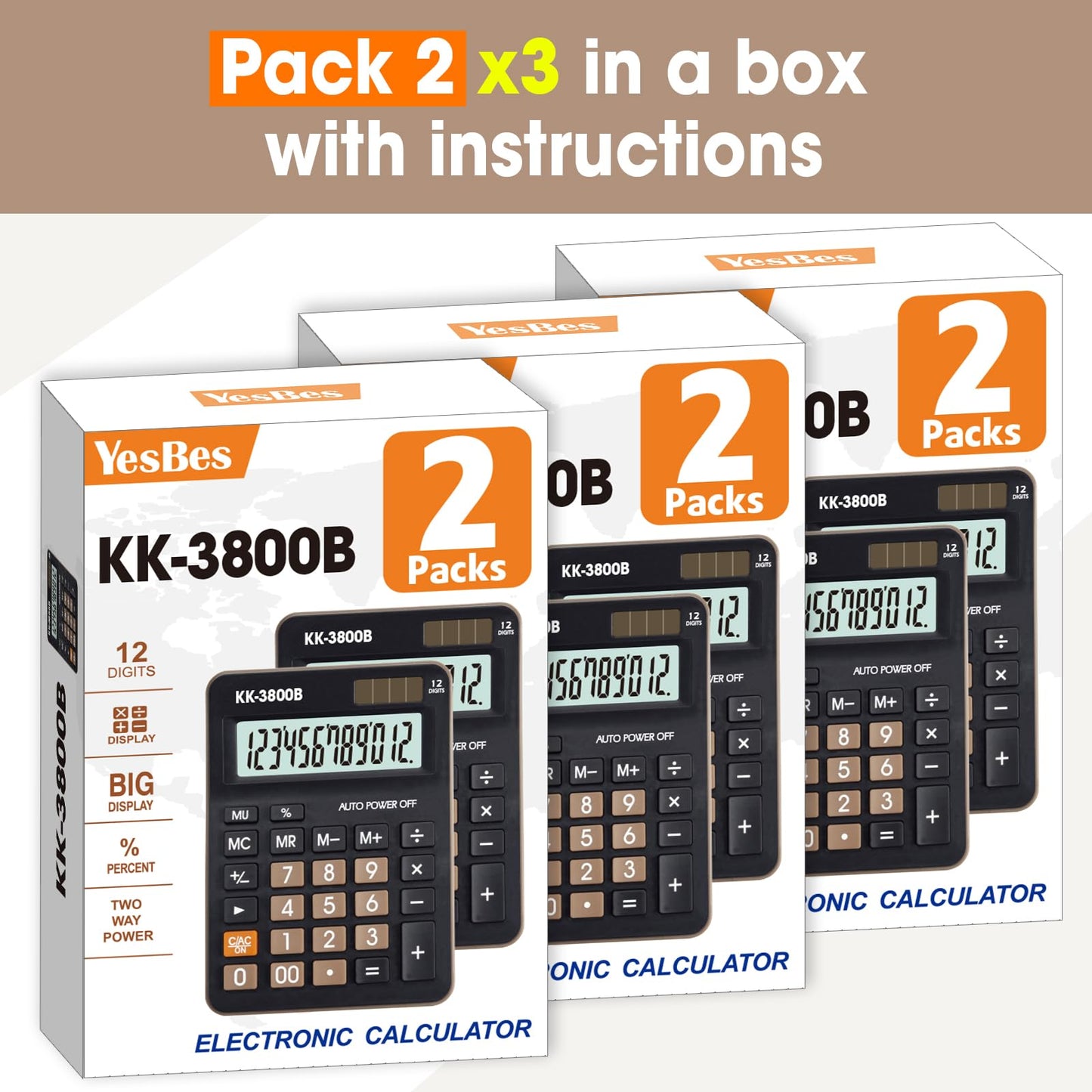 6 Pack Calculator Bulk, 12 Digit Desk Calculator with Large LCD Display & Big Buttons, Dual Power Solar & Battery, Standard Basic 4 Function Calculator for School, Office, Home
