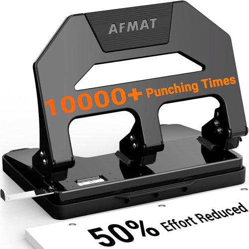 AFMAT Heavy Duty 3 Hole Puncher - Effortless 40-Sheet Capacity | Durable Metal Design with Large Tray (Black)