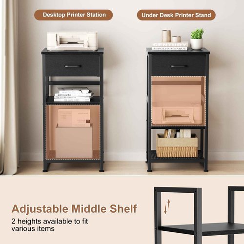 Korfile Printer Stand with Storage, Small Rolling Printer Table for Home Office, 3-Tier Printer Cart with Wheels, Modern Industrial Nightstand with Drawer, Side Table for Living Room,Bedroom, Black