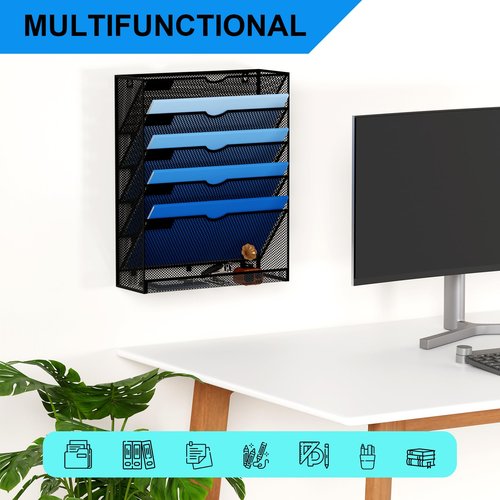 GDINDINFAN Hanging Wall File Organizer 6 Tier Wall Mounted Mail Paper Folder Holder Document Organization Stand, Vertical Desk Magazine Rack for Office Home Cubicle Countertop, Black