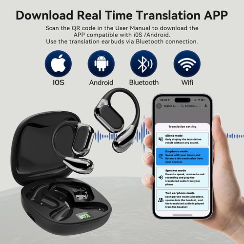 AI Translation Earbuds Real-Time, 144 Languages & Accents, Audifonos Traductores Inglés Español, Compatible with iOS & Android, Ideal for Travel, Business, Learning (Black)