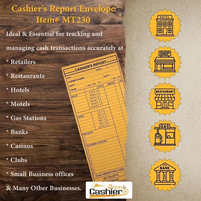 500 Cashier Report Envelopes - 4.5 x 10.38 in Brown Kraft, Sturdy 24lb, Gum Flap