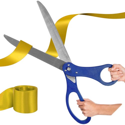 Oversize Ribbon Cutting Ceremony Kit - Large Blue Scissors 25 Inch Gold Satin Ribbon for Grand Opening and Box for Business Opening Special Events Inaugurations