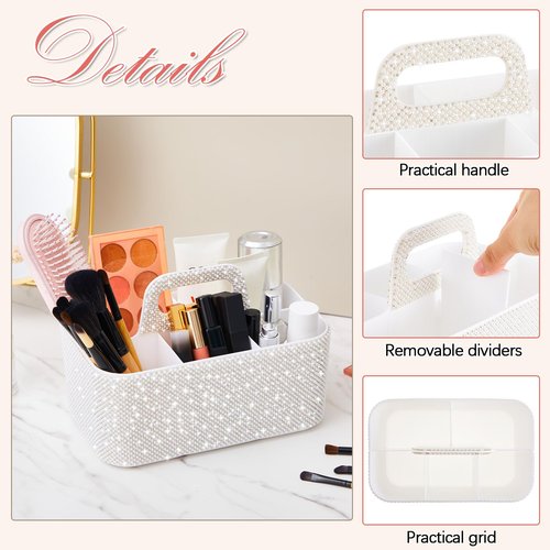 Marspark Bling Girly Caddy Organizer with Handle, 9.8 Inch Sparkly Pen Pencil holder for Back to School, Classroom, Office Desk Accessories Organizer for Pen Brush Makeup Supplies(White,Pearl Diamond)