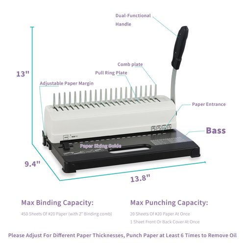 Binditek Binding Machine, 19-Hole, 450 Sheets, Comb Binder Machines with 100 PCS 1/2" Comb Spines, for Letter Size, A5 or Smaller Sizes
