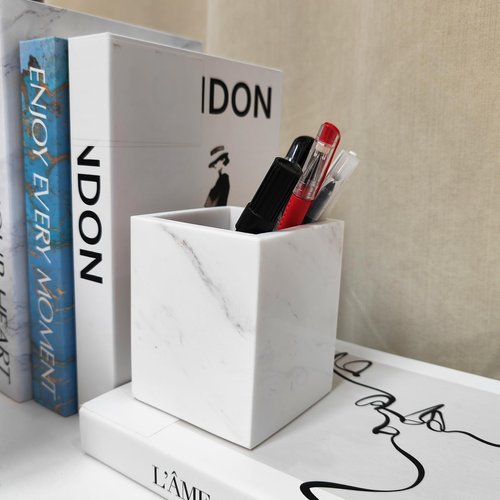 SIRIZEN-DIVING Marble Pen Holder, White Stone, Rectangular Desktop Organizer for Office Study (white)