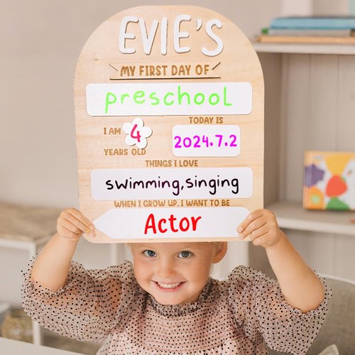 First Day of School Board - Personalized Name Back to School Sign Reusable - for 1st Day of Kindergarten, Preschool Gifts Wooden Chalkboard Photo Prop