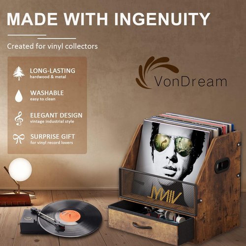 VonDream Vinyl Record Storage with Drawer, Vinyl Record Box Case Crate, Desktop Metal & Wooden LP Record Crate, Holds up to 60 Records (Antique)