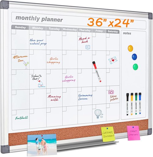 MAKELLO Dry Erase Calendar - Large 36" x 24" Wall Whiteboard with Cork Board for Home & Office