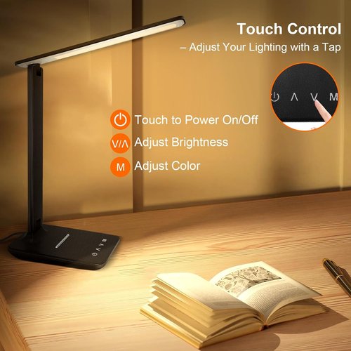 Shinelife LED Desk Lamp - Adjustable Dimmable Light with USB Charging | 5 Modes & Brightness Levels, Black