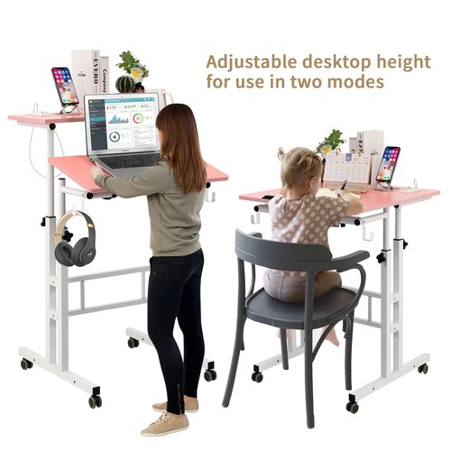 Hadulcet Mobile Standing Desk with Charging Station, Adjustable Standing Computer Desk, Standing Adjustable Laptop Cart with Wheels for Home Office Classroom, Pink