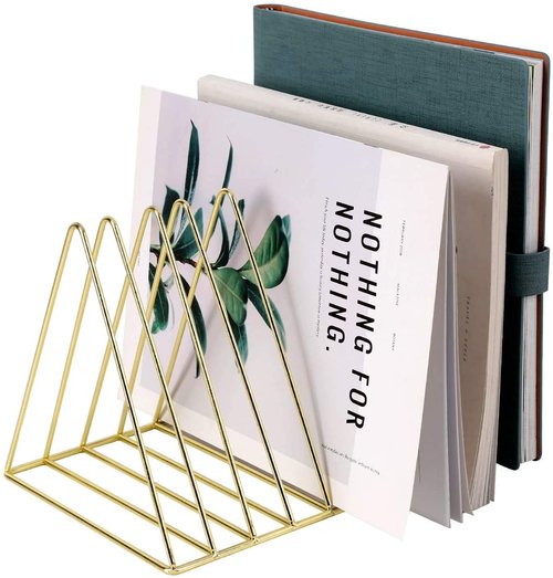 PENGKE File Organizer Triangle Iron Desktop Storage Book Rack Bookshelf Copper Magazine Newspaper Holder Art Desktop Organizer Rack,Gold Pack of 1