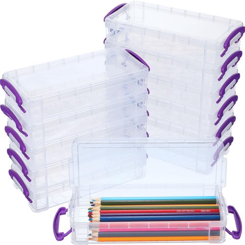 Zonon Large Capacity Pencil Box Stackable Clear Plastic Storage Organizer Painting Brush Storage Box Translucent Watercolor Pen Case with Snap Button Lid（Purple, 12 Pcs）