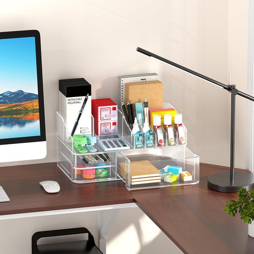 HEMTROY Acrylic Desk Organizer with 3 Drawer, Office Organizer, Multi-Functional Desk Caddy, Large Desktop Storage Box for Home, Cabinet, Bathroom, Office Art Supplies(Clear)