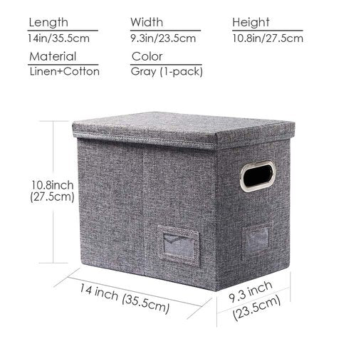 PRANDOM File Organizer Box - Set of 1 Collapsible Decorative Linen Filing Storage Hanging File Folders with Lids Office Cabinet Letter Size Grey (14x9.3x10.8 inch)