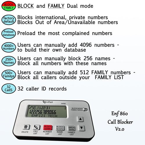 Enf860 Call Blocker for Landline Phones, Blacklist/Whitelist Dual Mode, Block spam Calls by Number and Name