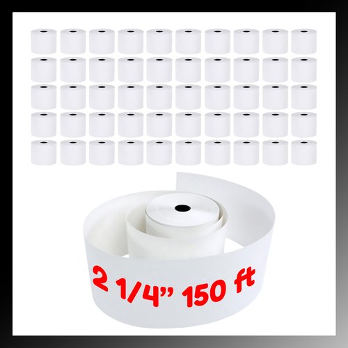 Pokanic 2 1/4" x 150' 1 Ply Bond White Paper 50 Rolls 2.25 inch x 150 ft Adding Machine Kitchen Receipt Printer POS System Cash Register Compatible with Epson SNBC Star Sam4s Ellix Bixolon (50 Rolls)