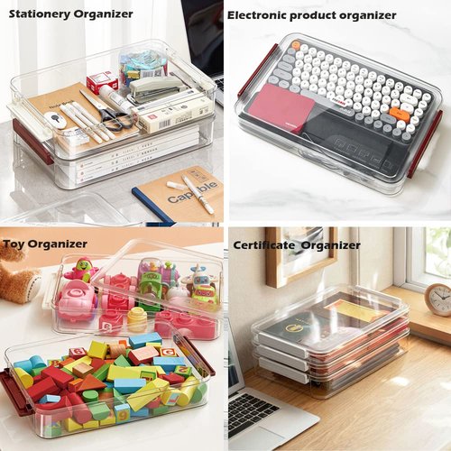 Comforhous 2 Pack Document Storage Clear Plastic Storage Boxes with Lids Stackable Storage Bins Paper Storage Box Containers for Organizing A4 File Paper Document Photo Scrapbook Craft Storage Red