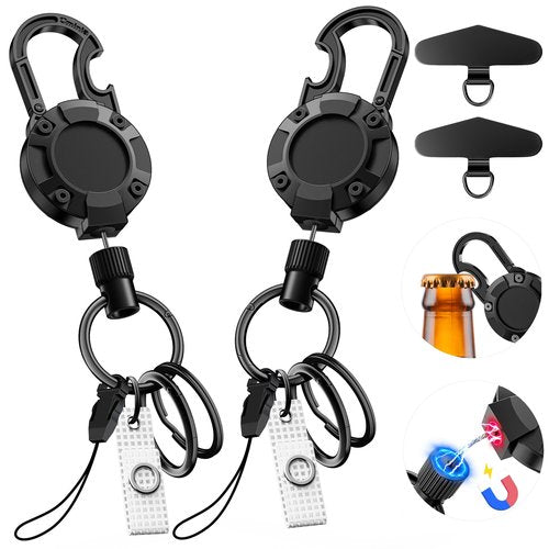 2 Pack Magnetic Retractable Keychain - Heavy Duty Badge Reel with Built-in Bottle Opener Carabiner Clip, 25.5" Steel Cord Badge Holder Retractable Clip Holds 18oz