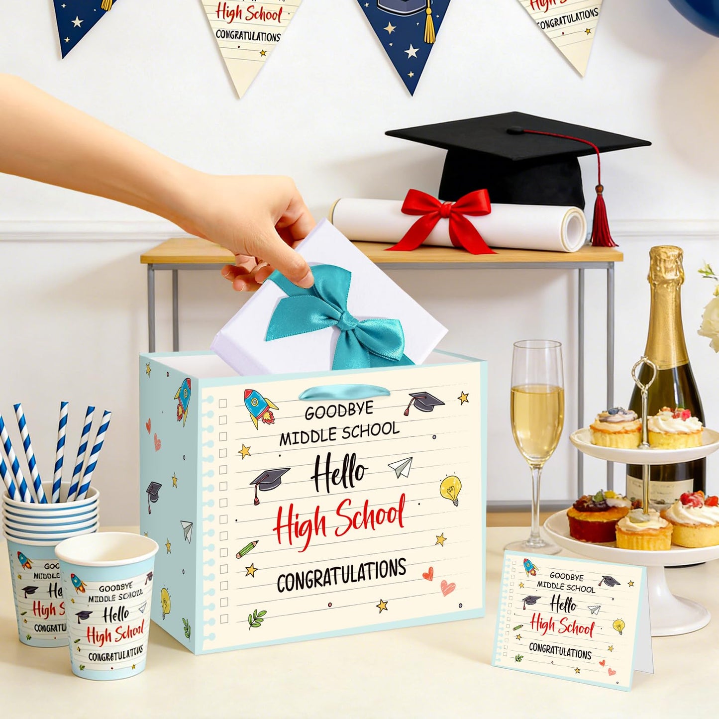 8th Grade Graduation Party Decorations Funny 8th Grade Graduation Gift Bag Hello High School Gift Bag with Wrapping Paper Card for Boys Girls Teenagers Graduate Goodbye Middle School Grad Supplies