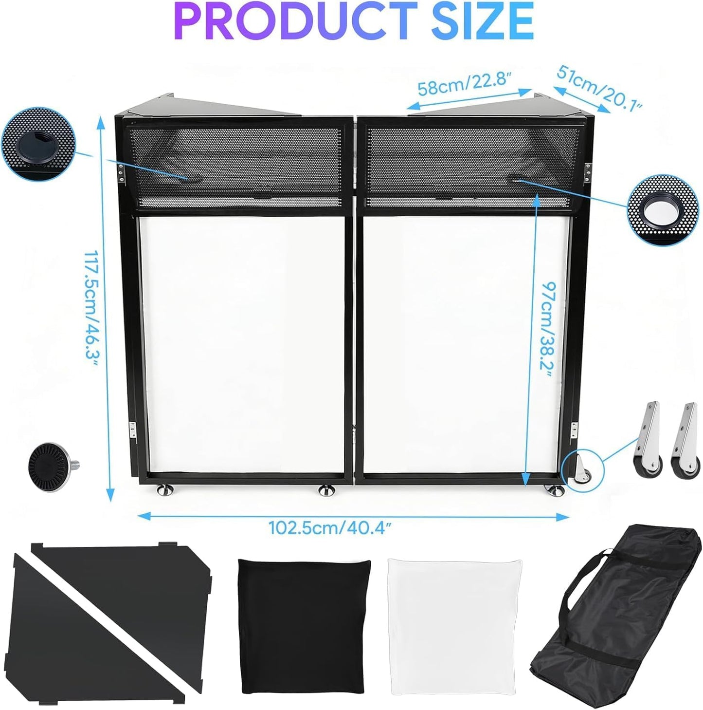 Skiennix DJ Booth - Upgraded Portable 44x20x50 Inch Facade with Wheels & Replaceable Scrims | Ideal for Events & Weddings