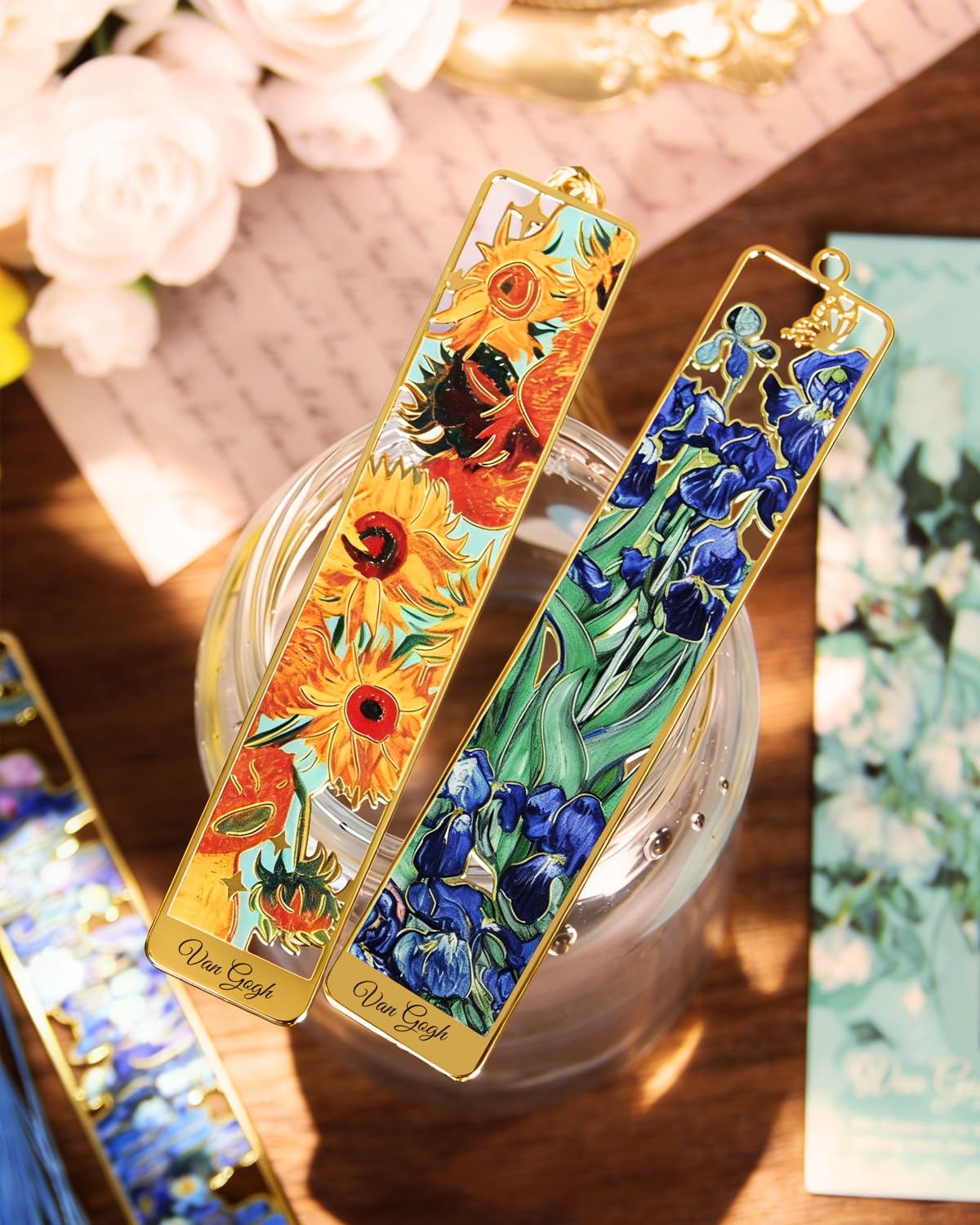 HOMTEK 4 Pieces Metal Bookmarks with Tassel, Golden Hollow Bookmark Van Gogh Monet Oil Painting Theme Book Marker for Book Lovers Writers Readers Children Teens Men Women Adults