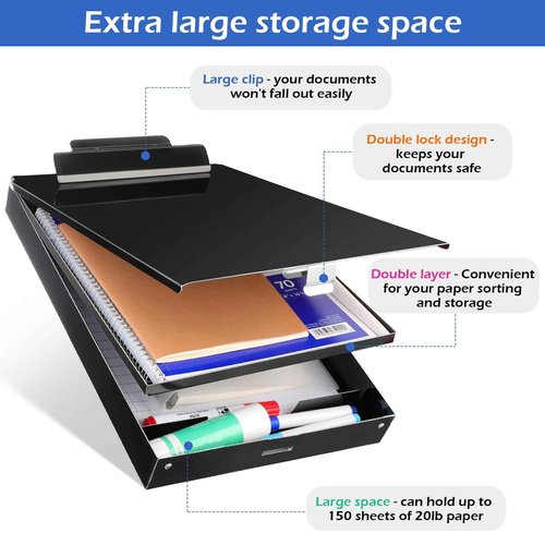 Janlaugh 2 Pieces Metal Storage Clipboard Letter Size Heavy Duty Aluminum Clip Board 14'' x 9.06'' x 2.95'' Contractor Clipboard Dual Storage Form Holder Paper Holder with High Capacity Clip