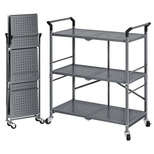 SNTD 3 Tier Rolling Cart Metal - Folding Utility Carts with Wheels for Office Storage Garage Kitchen, Grey