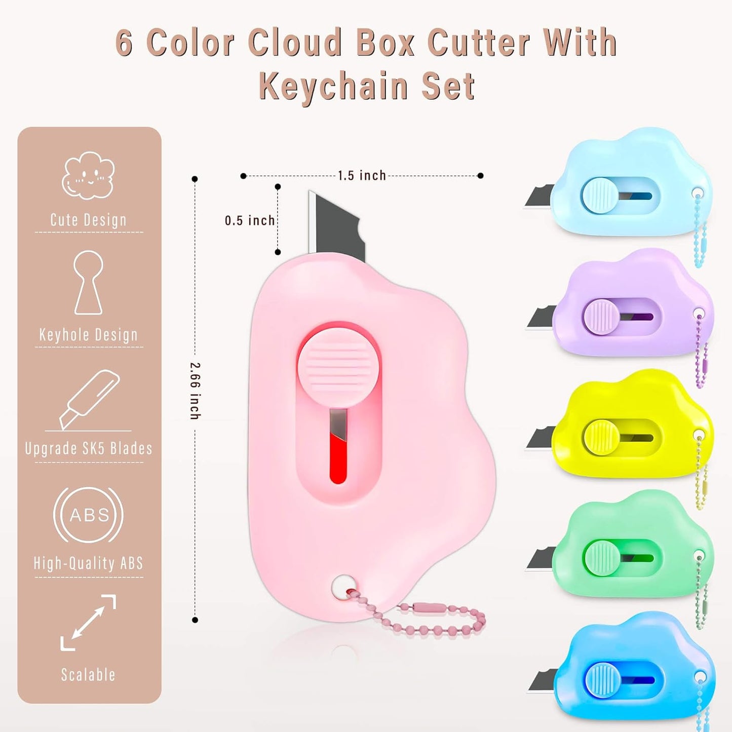Cloud Shaped - Retractable Box Cutter Set | 6 Pack with Key Rings & Stainless Steel Blades - Safe & Portable